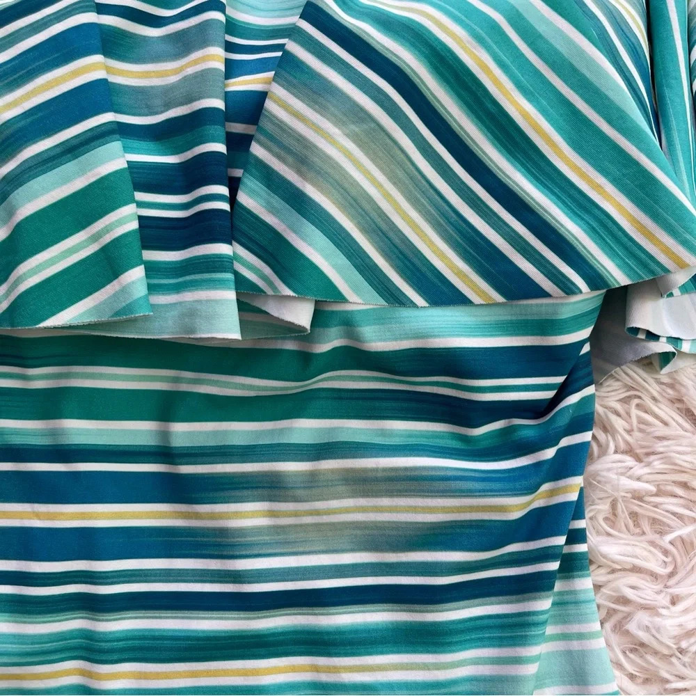 Vince Camuto Mediterranean Sea Stripe Ruffle Off-The-Shoulder One-Piece Azure 12 - Picture 4 of 8